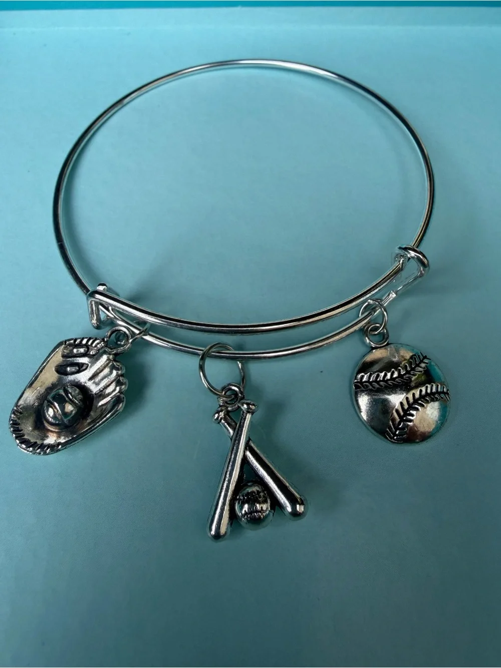 Handcrafted Softball Charm Bangle Bracelet Girls Silver Tone - Sports Jewelry